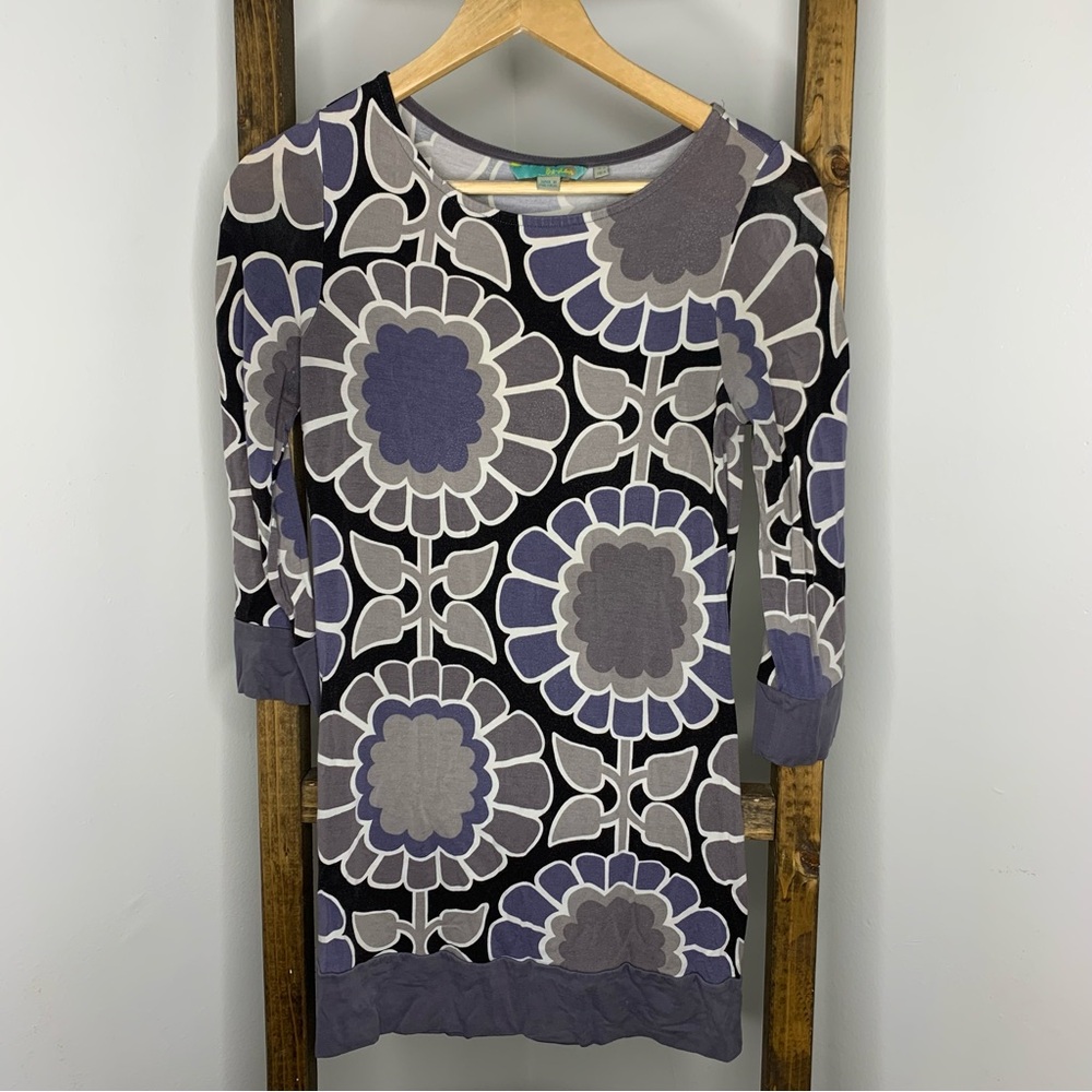 Boden Dress Tunic US 4 Multicolor Bold Floral Stretch Knit Retro 3/4 Sleeve